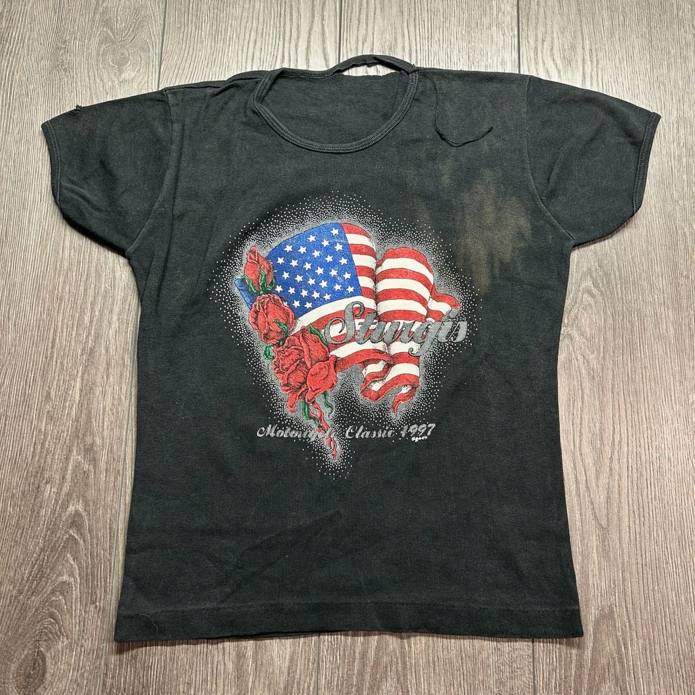 Vintage 1997 Sturgis Motorcycle Small Classic T-Shirt Black American Flag Roses